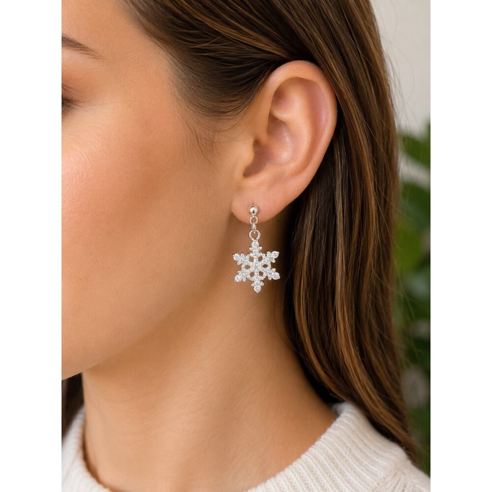 BOGO FREE Glitter Snowflake Dangle Earrings Silver Tone Winter Sparkle
